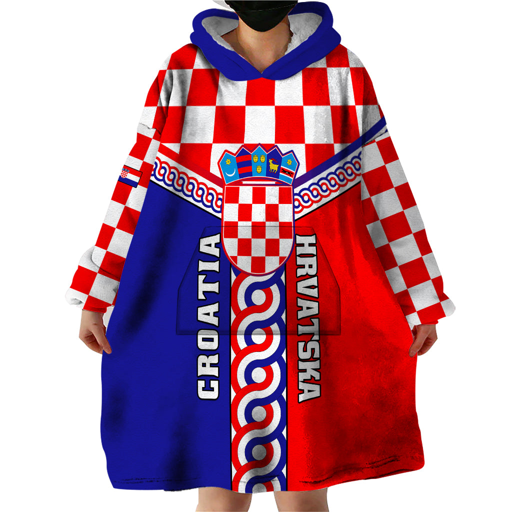 Croatia Wearable Blanket Hoodie Hrvatska Interlace With Coat Of Arms - Wonder Print Shop