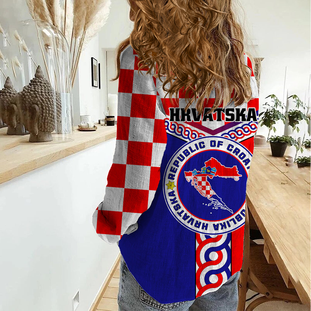 Croatia Women Casual Shirt Hrvatska Interlace With Coat Of Arms - Wonder Print Shop
