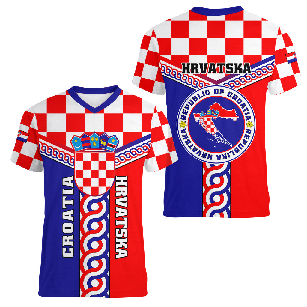 Croatia Women V Neck T Shirt Hrvatska Interlace With Coat Of Arms - Wonder Print Shop