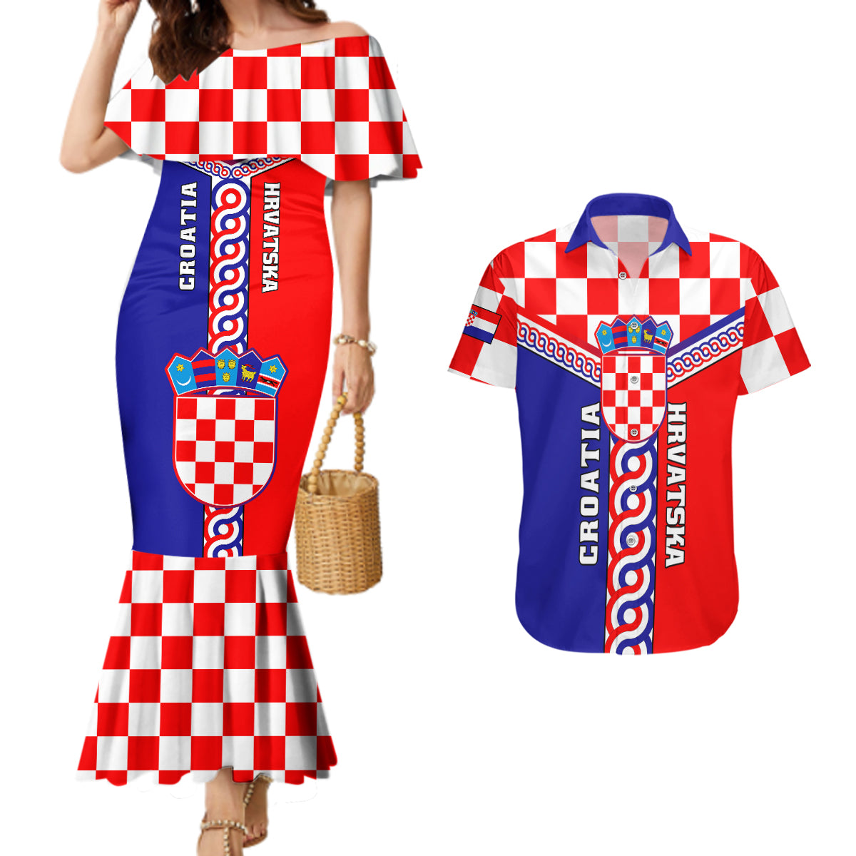 Custom Croatia Couples Matching Mermaid Dress And Hawaiian Shirt Hrvatska Interlace With Coat Of Arms - Wonder Print Shop