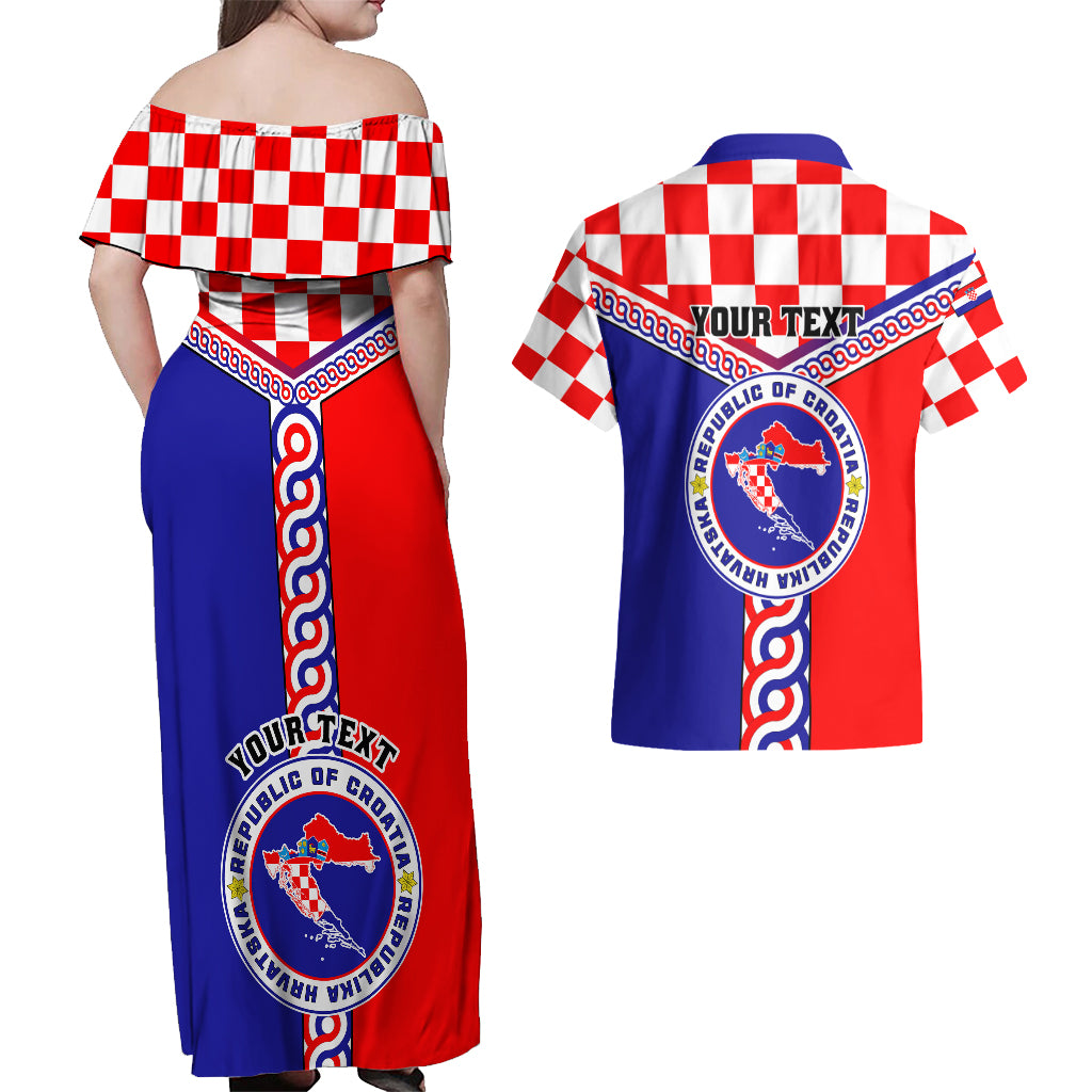 Custom Croatia Couples Matching Off Shoulder Maxi Dress and Hawaiian Shirt Hrvatska Interlace With Coat Of Arms - Wonder Print Shop