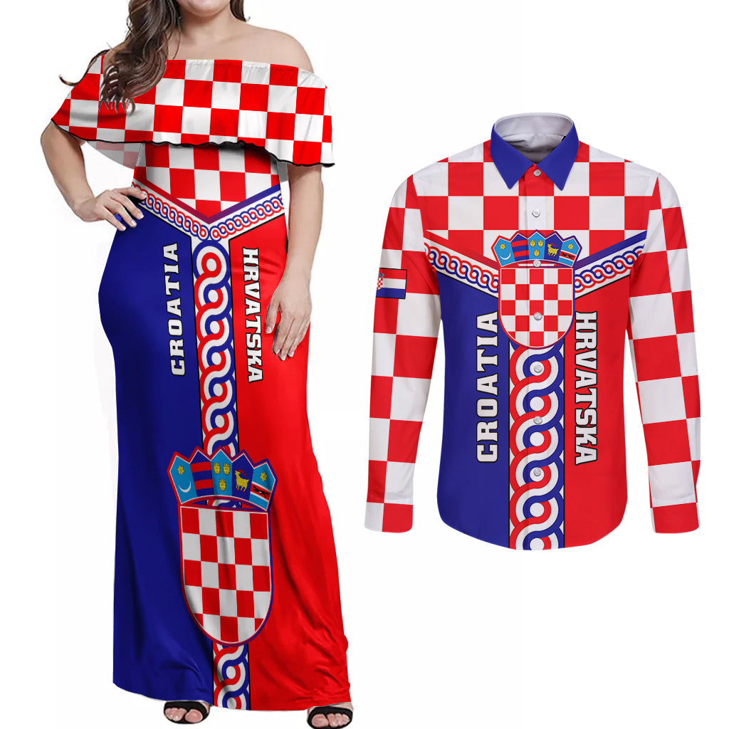 Custom Croatia Couples Matching Off Shoulder Maxi Dress and Long Sleeve Button Shirts Hrvatska Interlace With Coat Of Arms - Wonder Print Shop