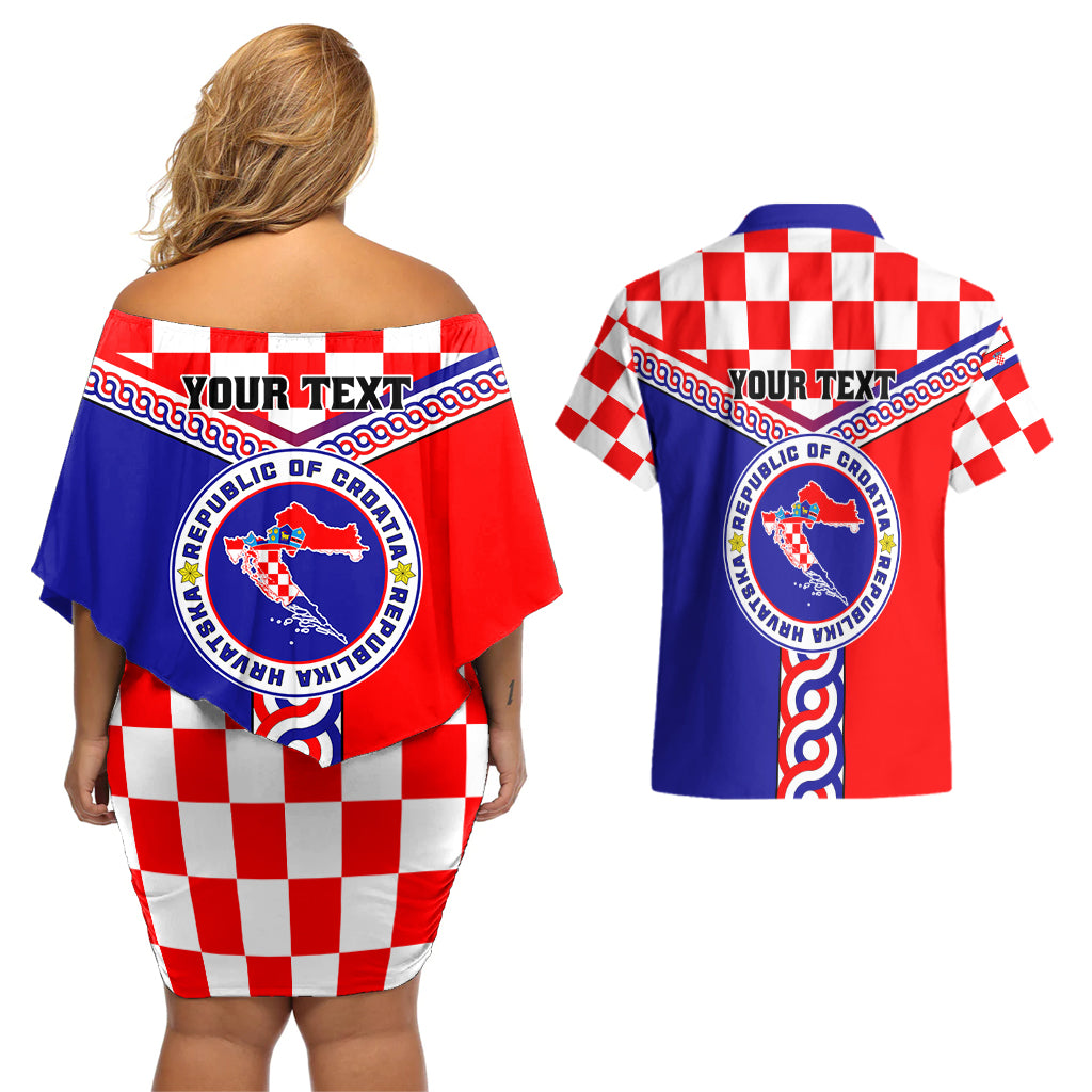 Custom Croatia Couples Matching Off Shoulder Short Dress and Hawaiian Shirt Hrvatska Interlace With Coat Of Arms - Wonder Print Shop