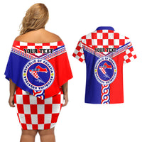 Custom Croatia Couples Matching Off Shoulder Short Dress and Hawaiian Shirt Hrvatska Interlace With Coat Of Arms - Wonder Print Shop