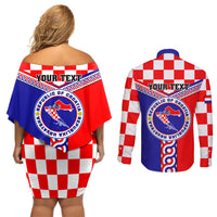 Custom Croatia Couples Matching Off Shoulder Short Dress and Long Sleeve Button Shirts Hrvatska Interlace With Coat Of Arms - Wonder Print Shop