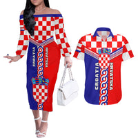 Custom Croatia Couples Matching Off The Shoulder Long Sleeve Dress and Hawaiian Shirt Hrvatska Interlace With Coat Of Arms - Wonder Print Shop
