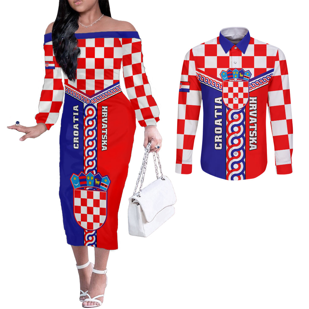 custom-croatia-couples-matching-off-the-shoulder-long-sleeve-dress-and-long-sleeve-button-shirts-hrvatska-interlace-with-coat-of-arms