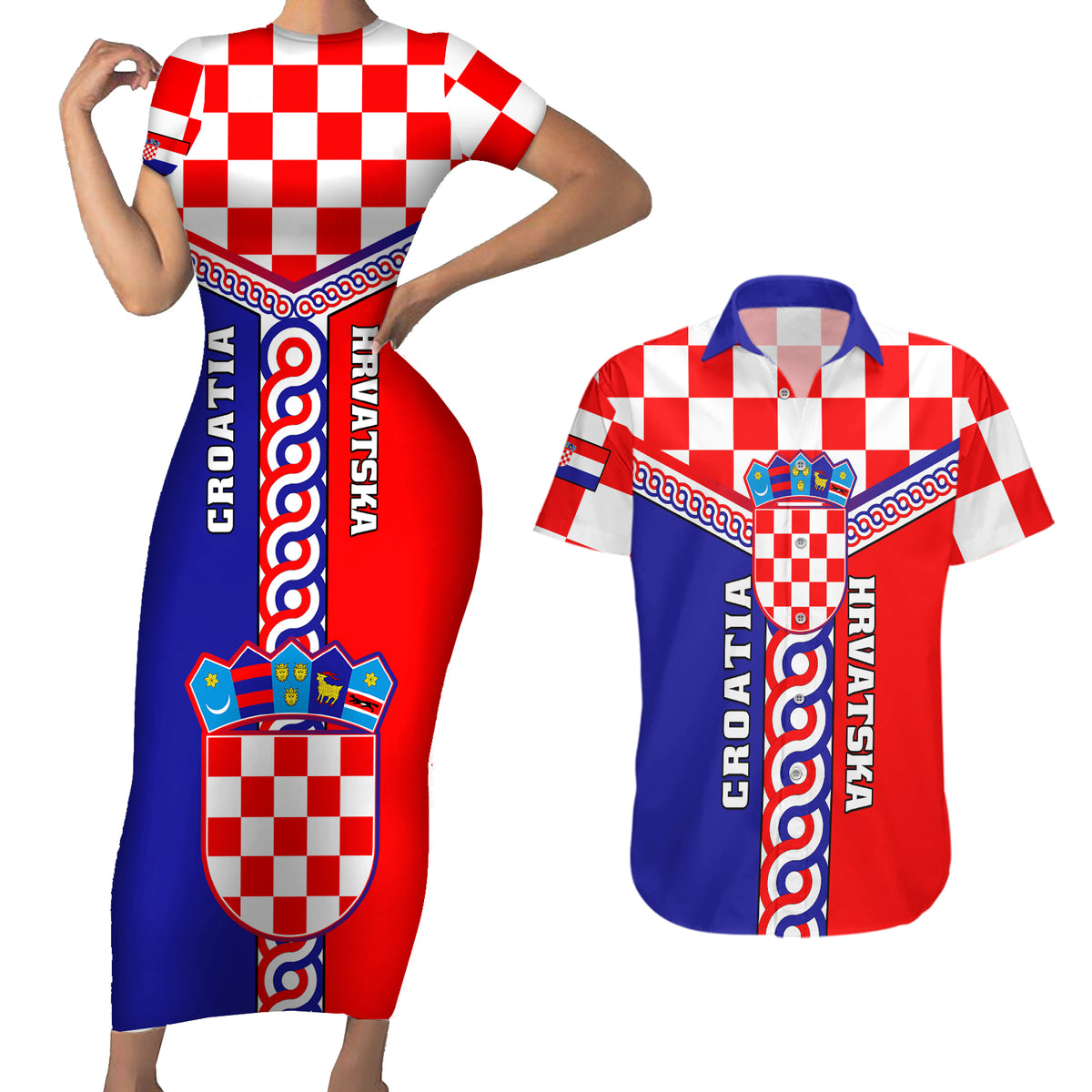 Custom Croatia Couples Matching Short Sleeve Bodycon Dress and Hawaiian Shirt Hrvatska Interlace With Coat Of Arms - Wonder Print Shop