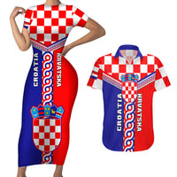 Custom Croatia Couples Matching Short Sleeve Bodycon Dress and Hawaiian Shirt Hrvatska Interlace With Coat Of Arms - Wonder Print Shop
