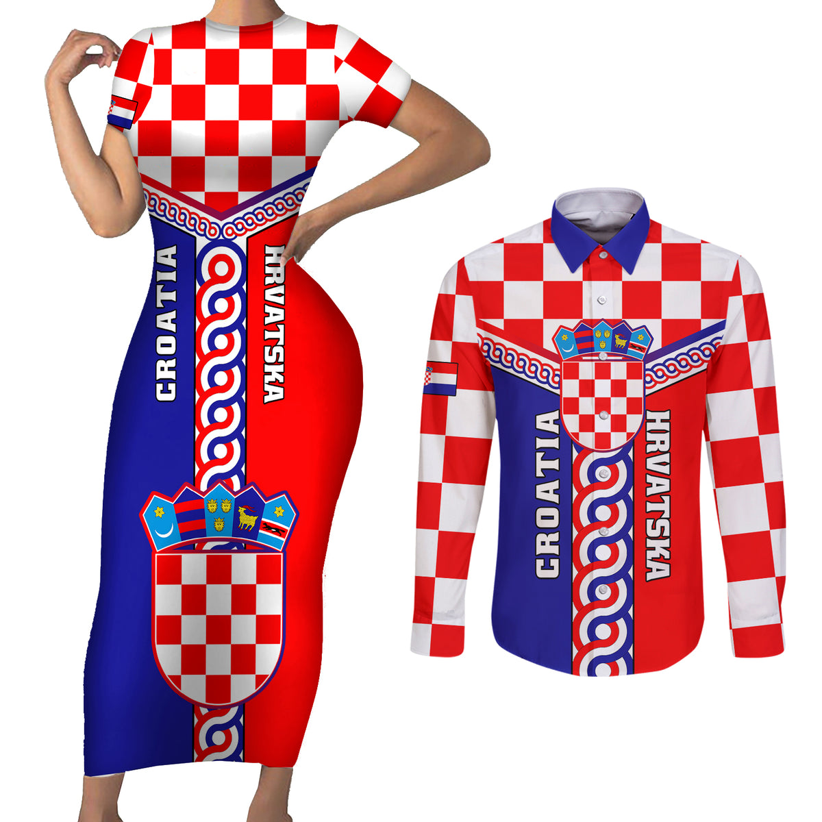 Custom Croatia Couples Matching Short Sleeve Bodycon Dress and Long Sleeve Button Shirts Hrvatska Interlace With Coat Of Arms - Wonder Print Shop
