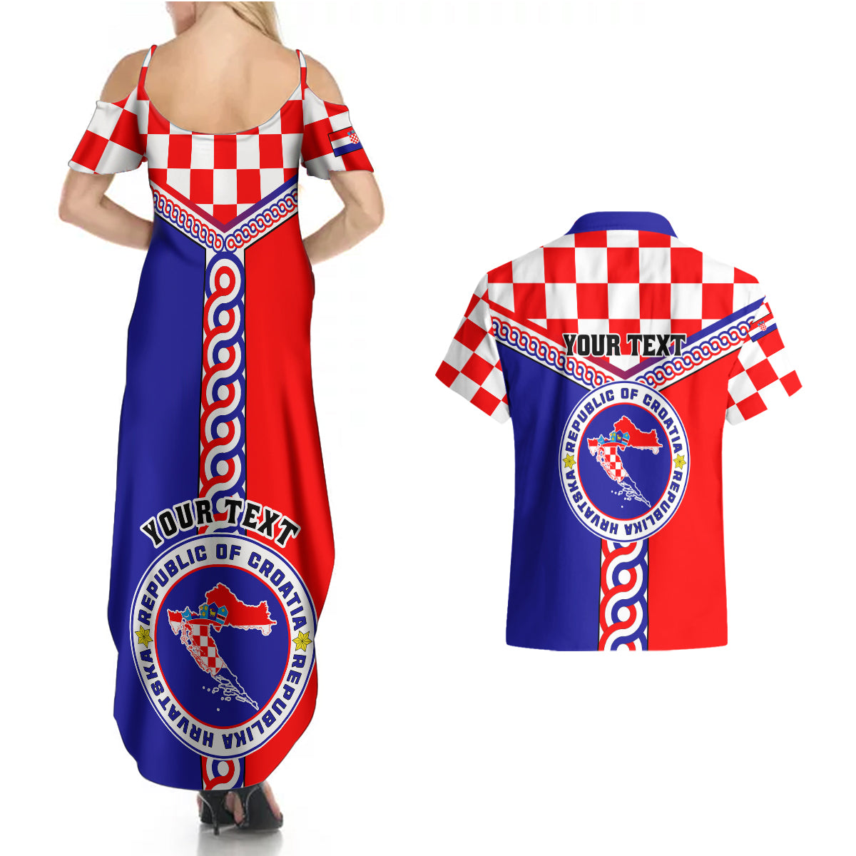 Custom Croatia Couples Matching Summer Maxi Dress and Hawaiian Shirt Hrvatska Interlace With Coat Of Arms - Wonder Print Shop
