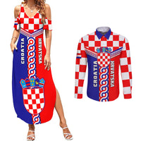 Custom Croatia Couples Matching Summer Maxi Dress and Long Sleeve Button Shirts Hrvatska Interlace With Coat Of Arms - Wonder Print Shop