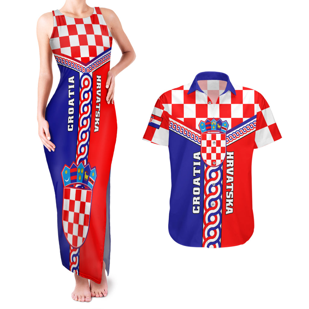 Custom Croatia Couples Matching Tank Maxi Dress And Hawaiian Shirt Hrvatska Interlace With Coat Of Arms - Wonder Print Shop