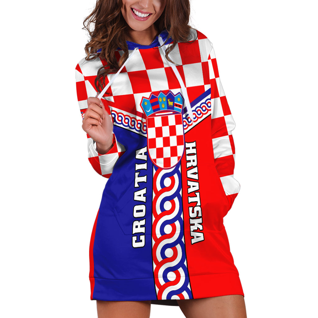 Custom Croatia Hoodie Dress Hrvatska Interlace With Coat Of Arms - Wonder Print Shop