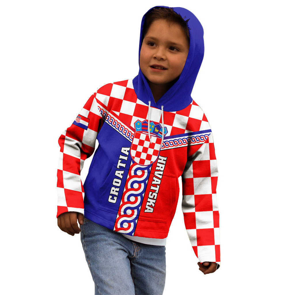 Custom Croatia Kid Hoodie Hrvatska Interlace With Coat Of Arms - Wonder Print Shop