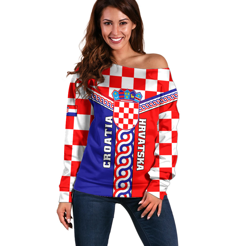 Custom Croatia Off Shoulder Sweater Hrvatska Interlace With Coat Of Arms - Wonder Print Shop