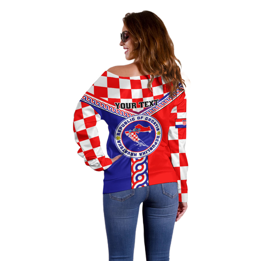 Custom Croatia Off Shoulder Sweater Hrvatska Interlace With Coat Of Arms - Wonder Print Shop