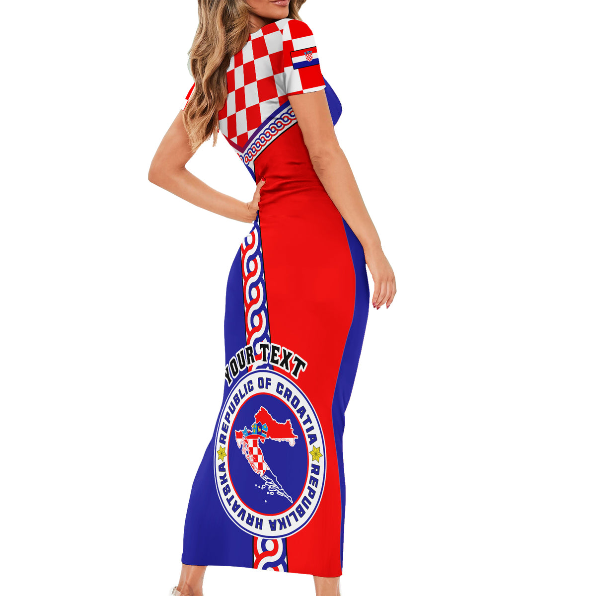 Custom Croatia Short Sleeve Bodycon Dress Hrvatska Interlace With Coat Of Arms - Wonder Print Shop