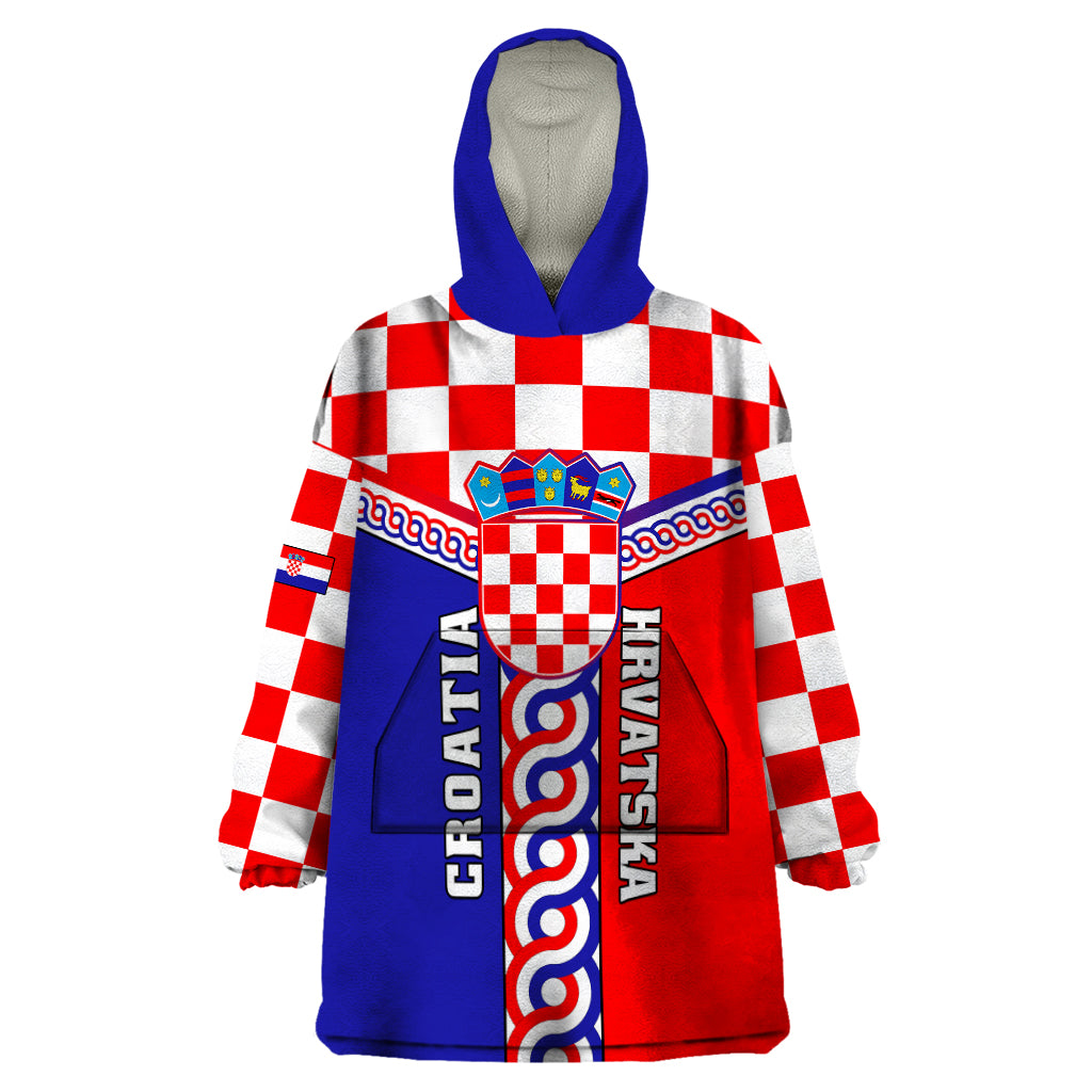 Custom Croatia Wearable Blanket Hoodie Hrvatska Interlace With Coat Of Arms - Wonder Print Shop