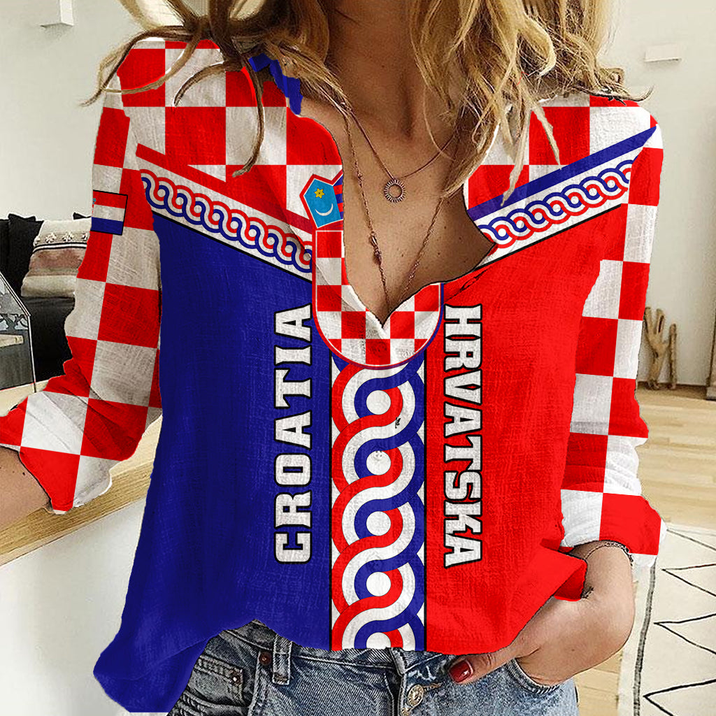 Custom Croatia Women Casual Shirt Hrvatska Interlace With Coat Of Arms - Wonder Print Shop