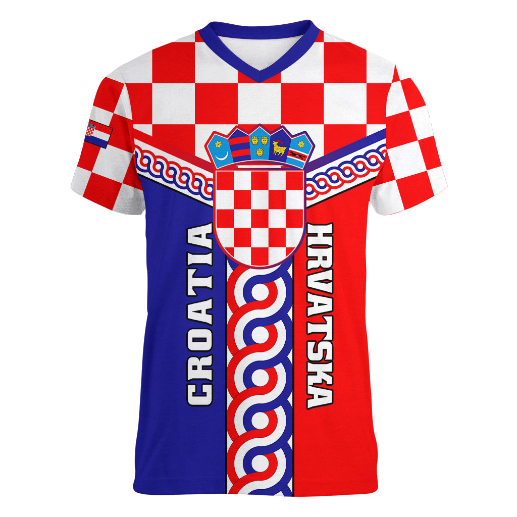 Custom Croatia Women V Neck T Shirt Hrvatska Interlace With Coat Of Arms - Wonder Print Shop