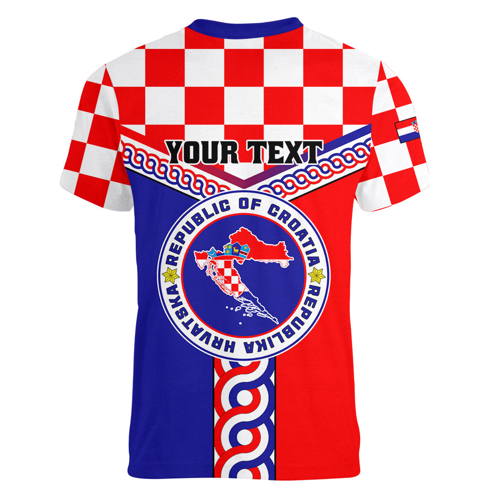 Custom Croatia Women V Neck T Shirt Hrvatska Interlace With Coat Of Arms - Wonder Print Shop