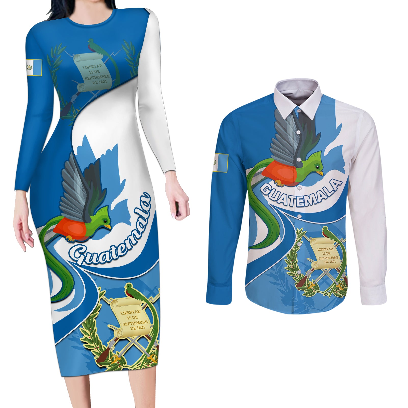 Guatemala Couples Matching Long Sleeve Bodycon Dress and Long Sleeve Button Shirts Guatemalan Quetzal With Coat of Arms - Wonder Print Shop