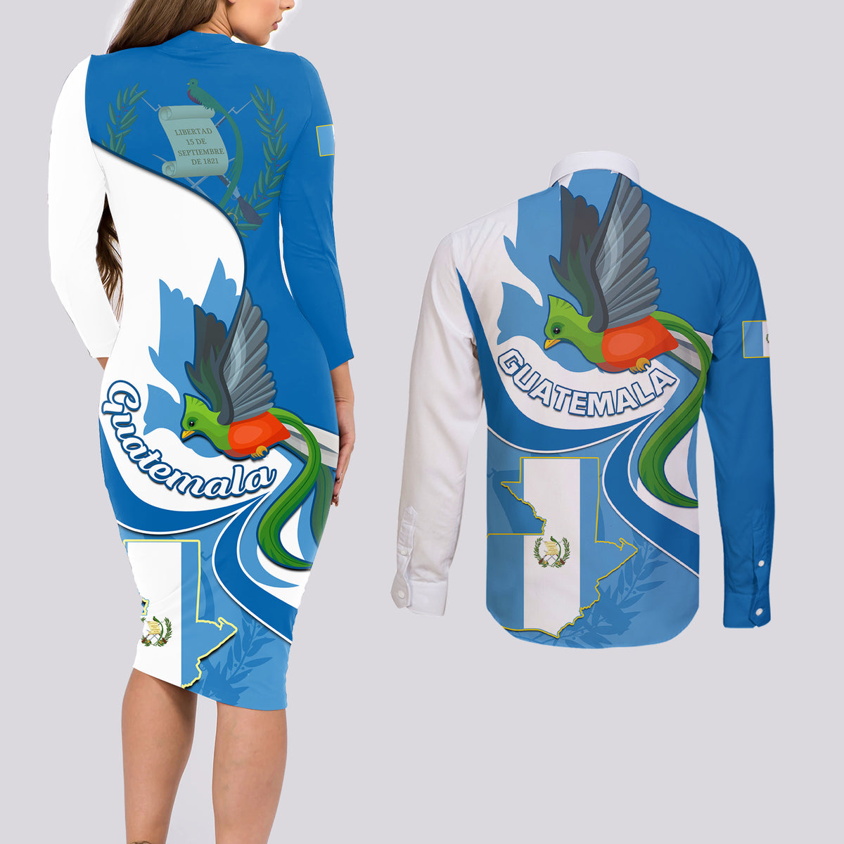 Guatemala Couples Matching Long Sleeve Bodycon Dress and Long Sleeve Button Shirts Guatemalan Quetzal With Coat of Arms - Wonder Print Shop