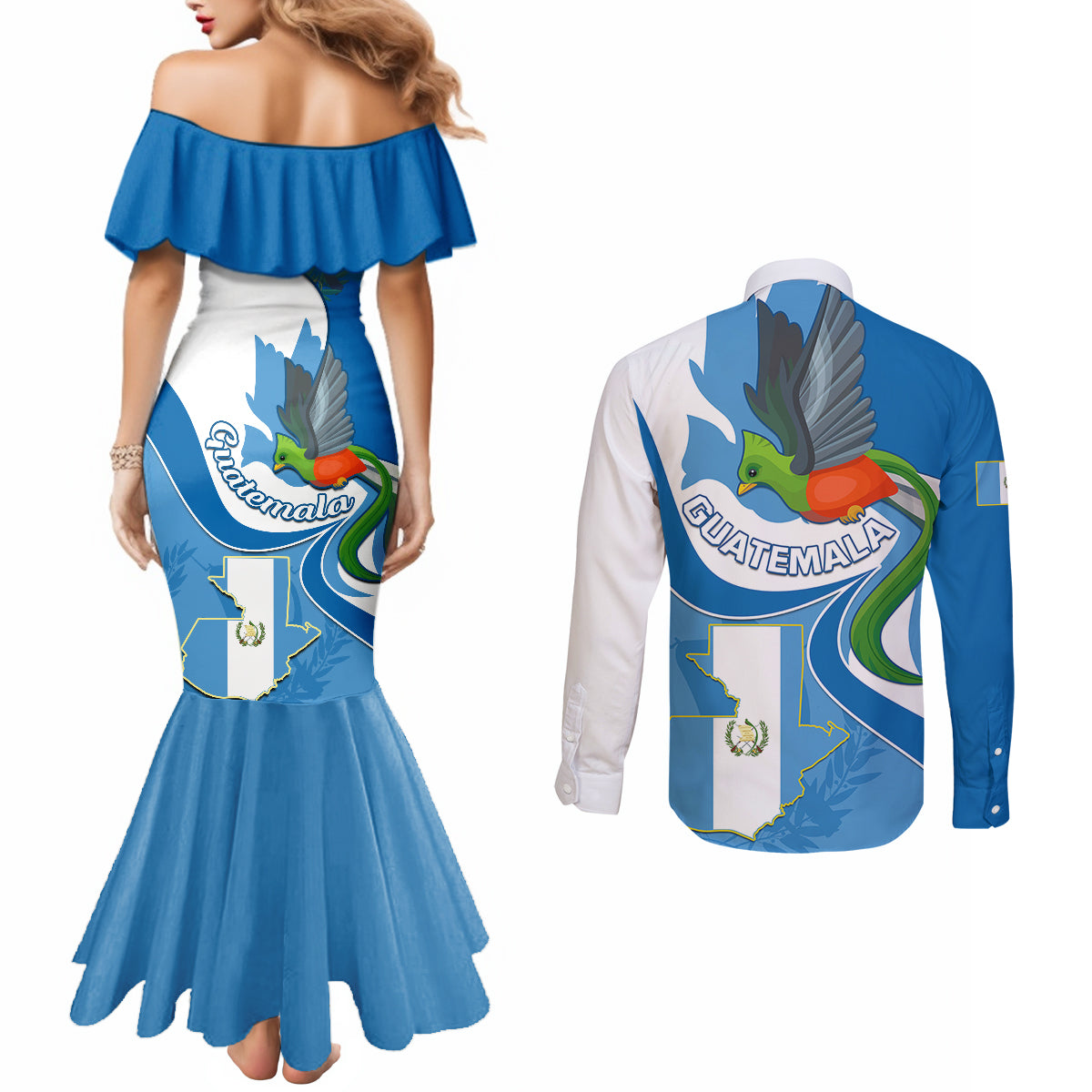 guatemala-couples-matching-mermaid-dress-and-long-sleeve-button-shirts-guatemalan-quetzal-with-coat-of-arms