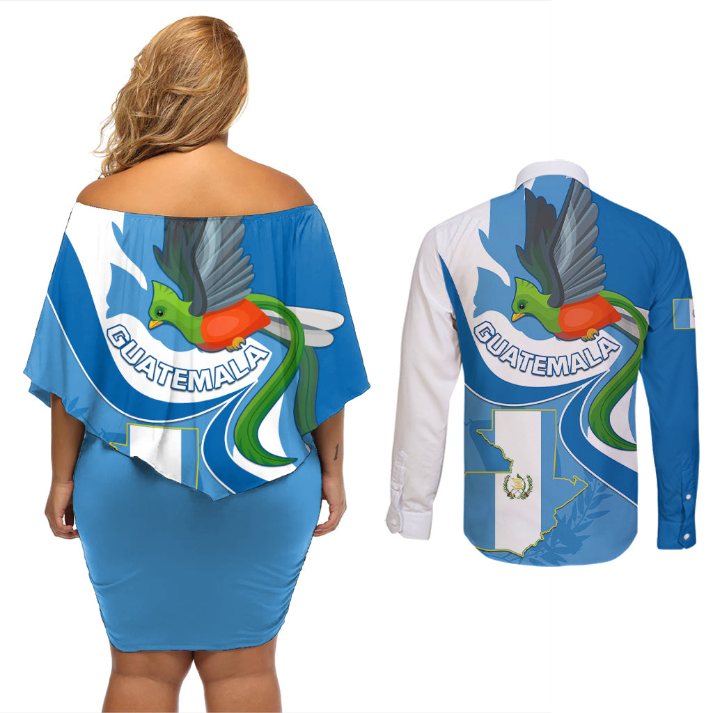 Guatemala Couples Matching Off Shoulder Short Dress and Long Sleeve Button Shirts Guatemalan Quetzal With Coat of Arms - Wonder Print Shop