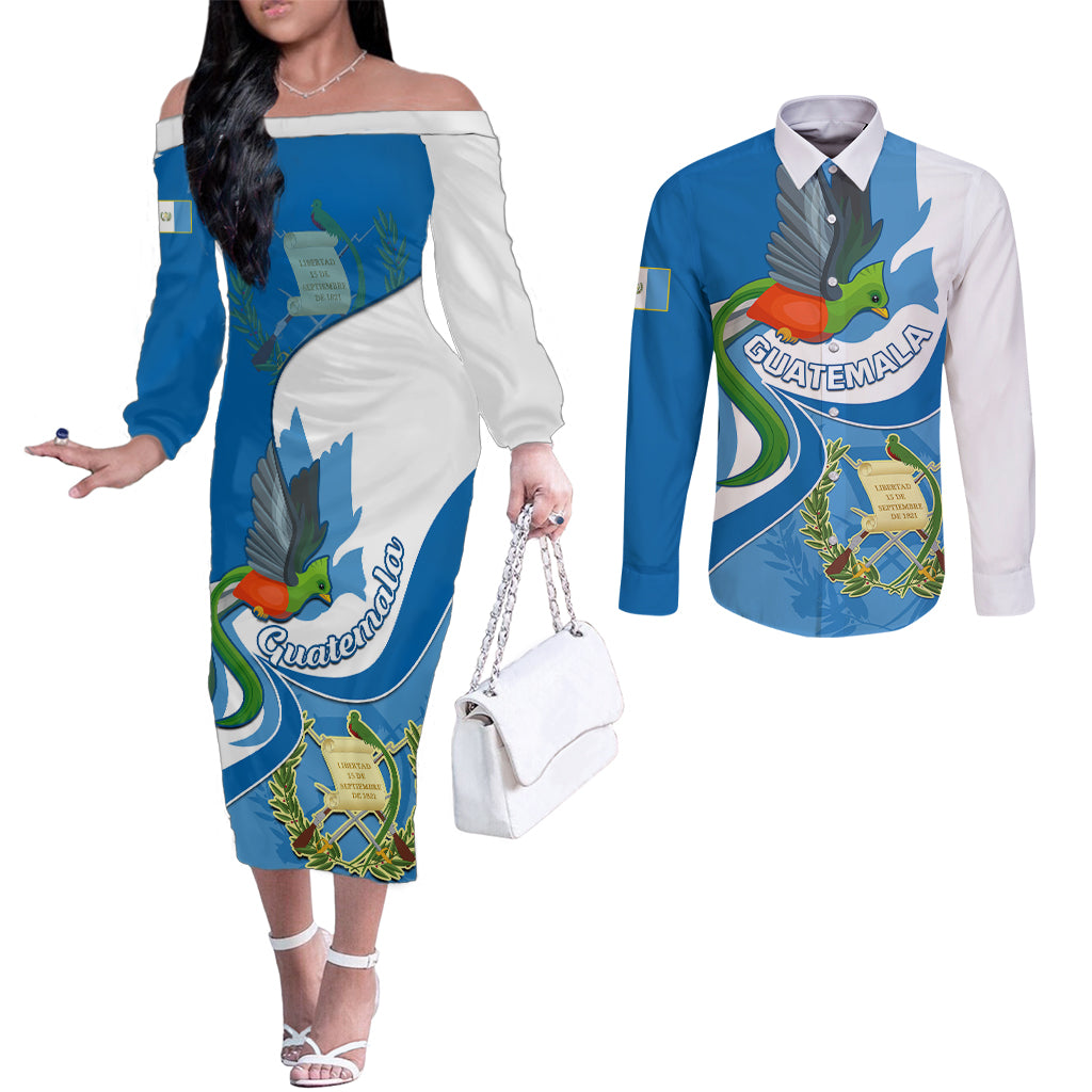 guatemala-couples-matching-off-the-shoulder-long-sleeve-dress-and-long-sleeve-button-shirts-guatemalan-quetzal-with-coat-of-arms