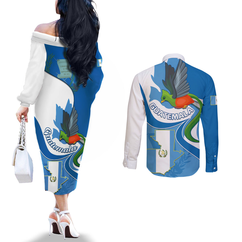guatemala-couples-matching-off-the-shoulder-long-sleeve-dress-and-long-sleeve-button-shirts-guatemalan-quetzal-with-coat-of-arms