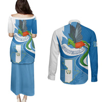 Guatemala Couples Matching Puletasi Dress and Long Sleeve Button Shirts Guatemalan Quetzal With Coat of Arms - Wonder Print Shop