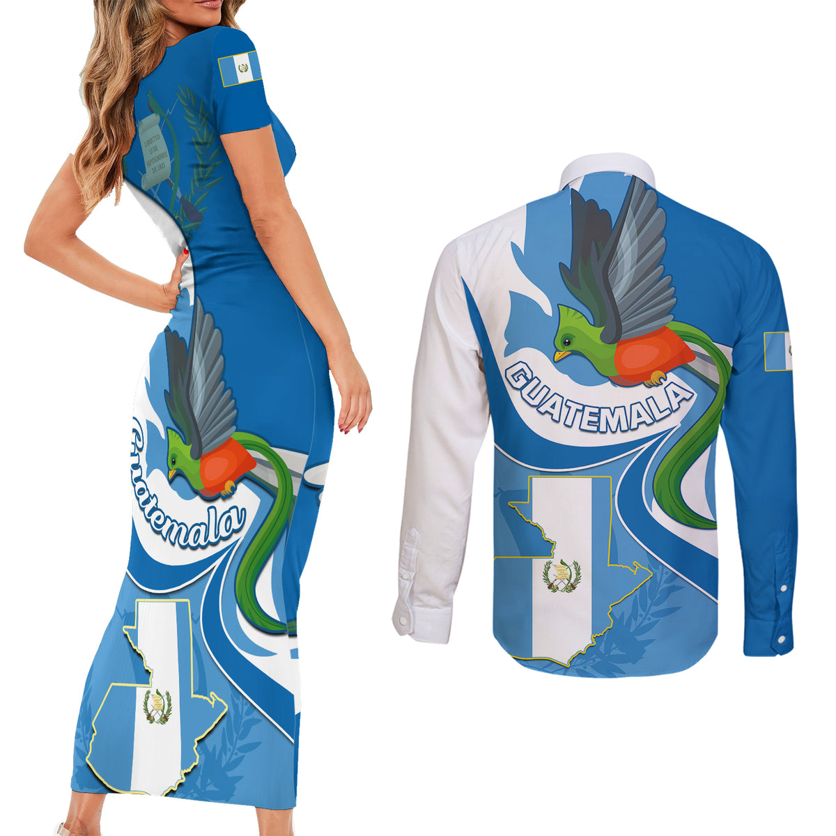 Guatemala Couples Matching Short Sleeve Bodycon Dress and Long Sleeve Button Shirts Guatemalan Quetzal With Coat of Arms - Wonder Print Shop