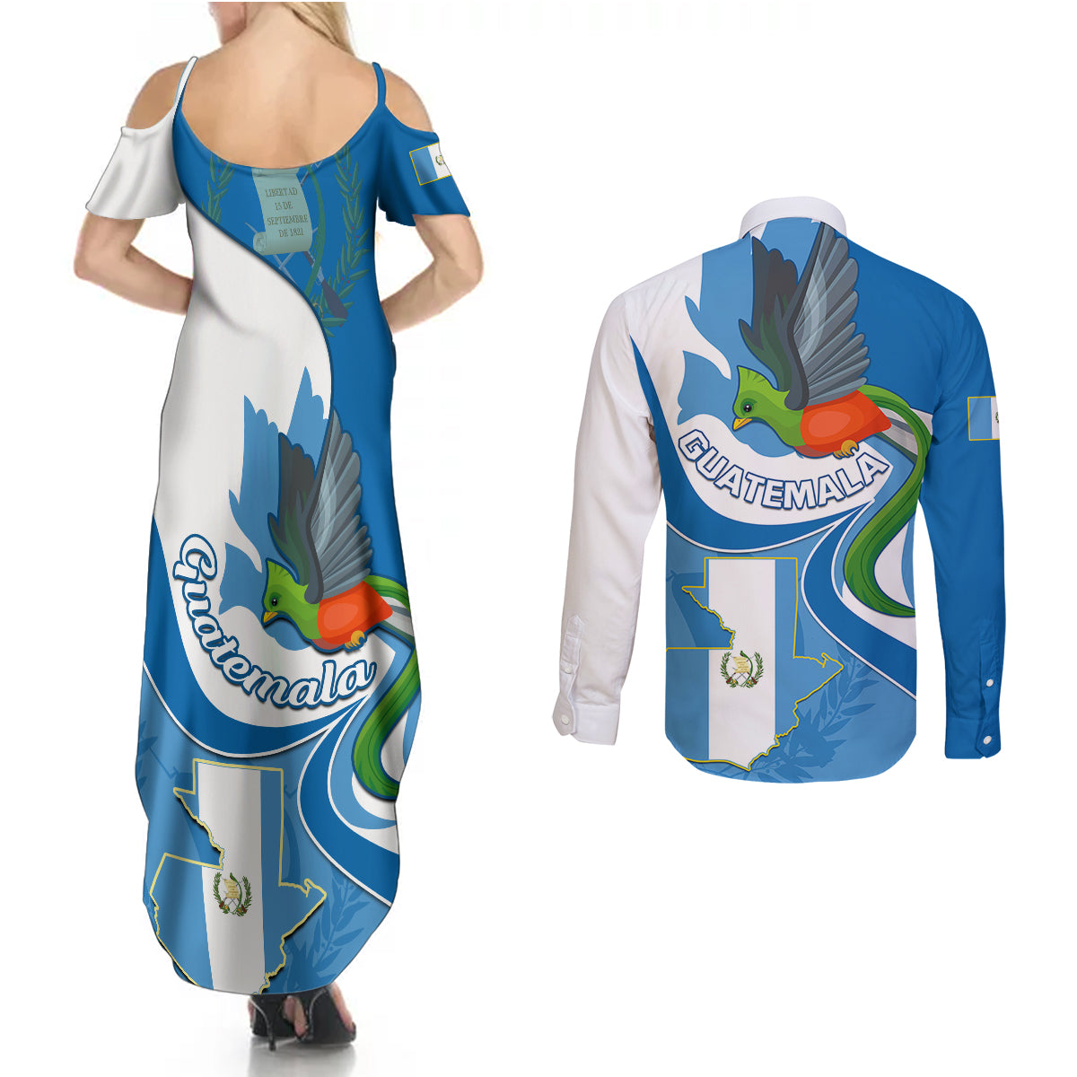 Guatemala Couples Matching Summer Maxi Dress and Long Sleeve Button Shirts Guatemalan Quetzal With Coat of Arms - Wonder Print Shop