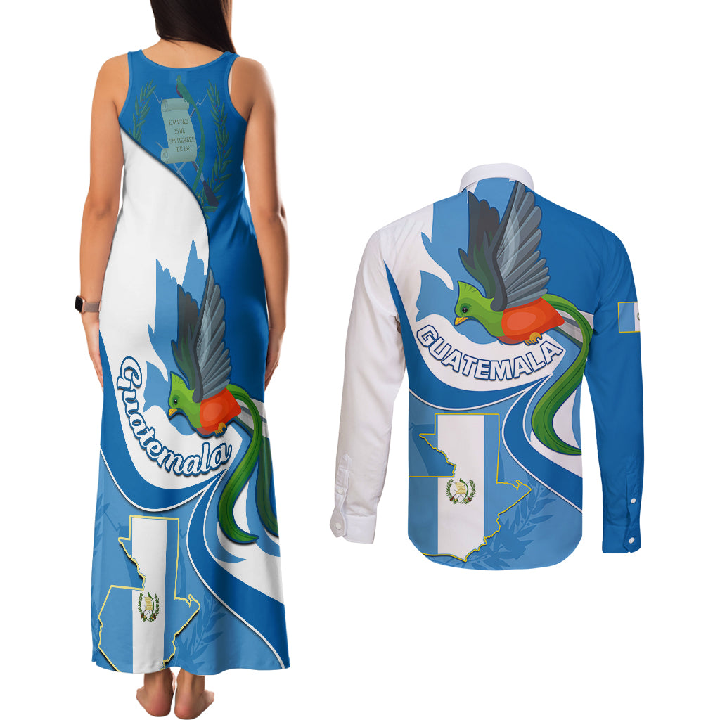 Guatemala Couples Matching Tank Maxi Dress and Long Sleeve Button Shirts Guatemalan Quetzal With Coat of Arms - Wonder Print Shop