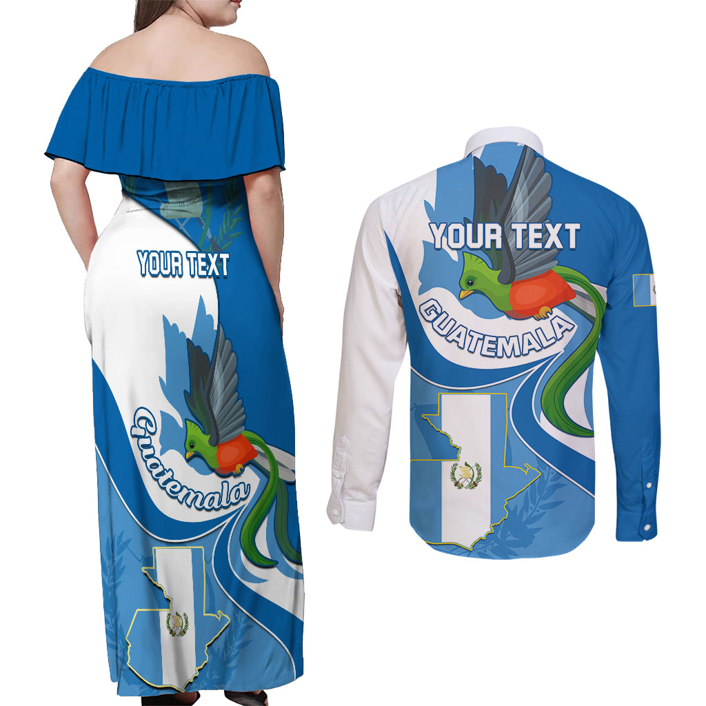 Personalised Guatemala Couples Matching Off Shoulder Maxi Dress and Long Sleeve Button Shirts Guatemalan Quetzal With Coat of Arms - Wonder Print Shop