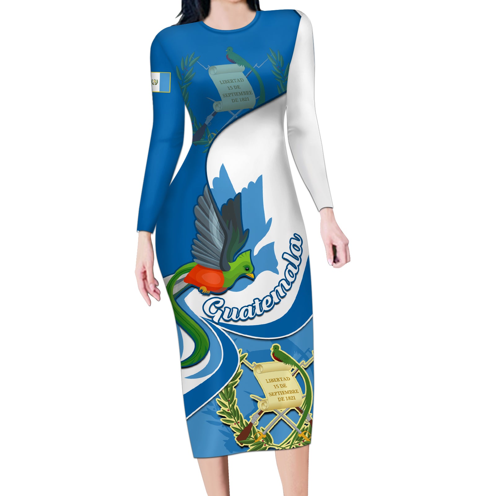 Personalised Guatemala Long Sleeve Bodycon Dress Guatemalan Quetzal With Coat of Arms - Wonder Print Shop