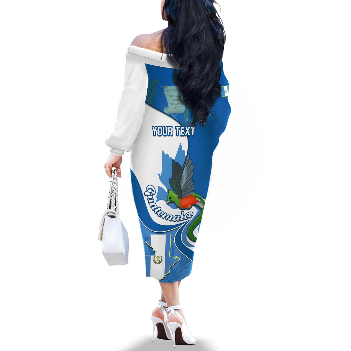 Personalised Guatemala Off The Shoulder Long Sleeve Dress Guatemalan Quetzal With Coat of Arms - Wonder Print Shop