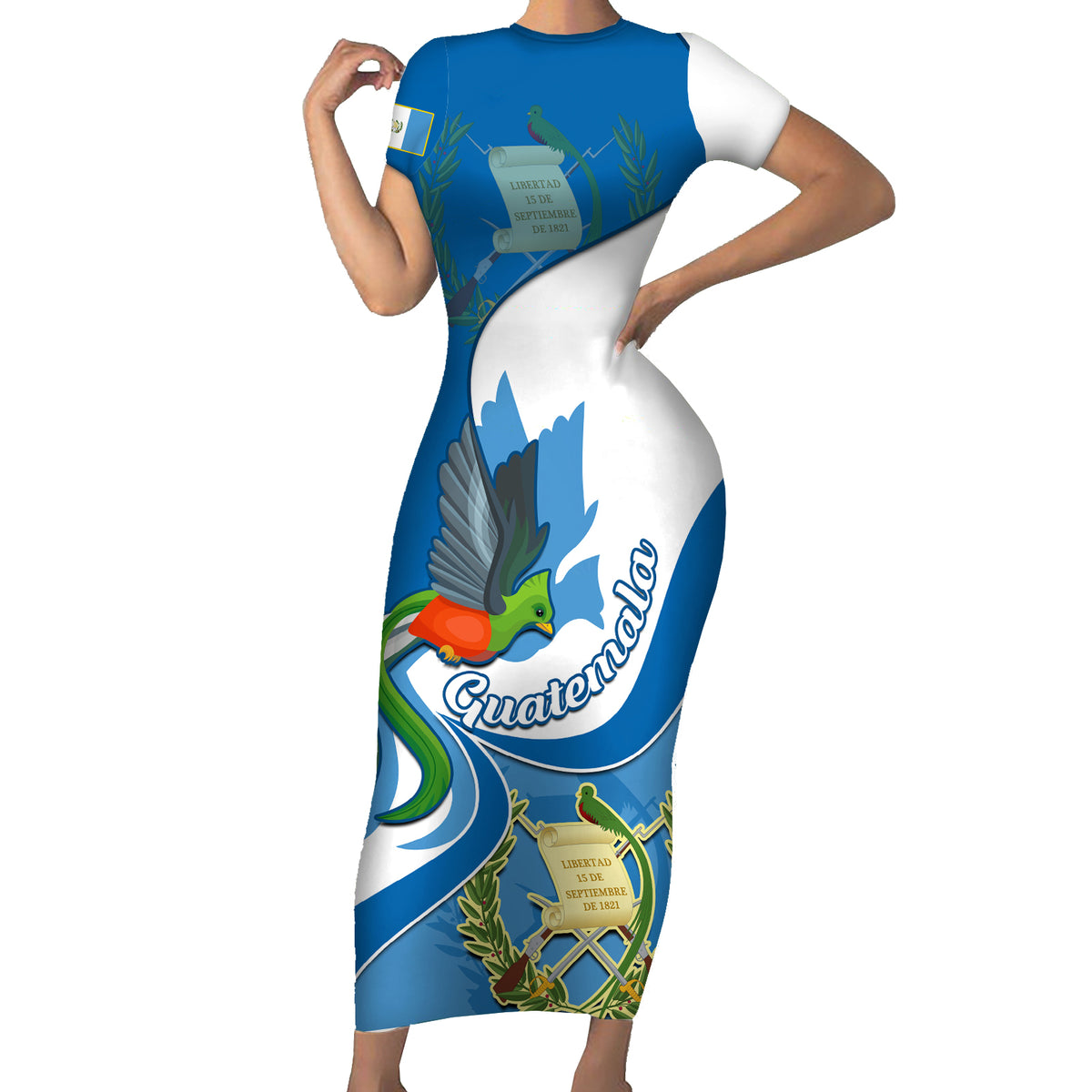 Personalised Guatemala Short Sleeve Bodycon Dress Guatemalan Quetzal With Coat of Arms - Wonder Print Shop