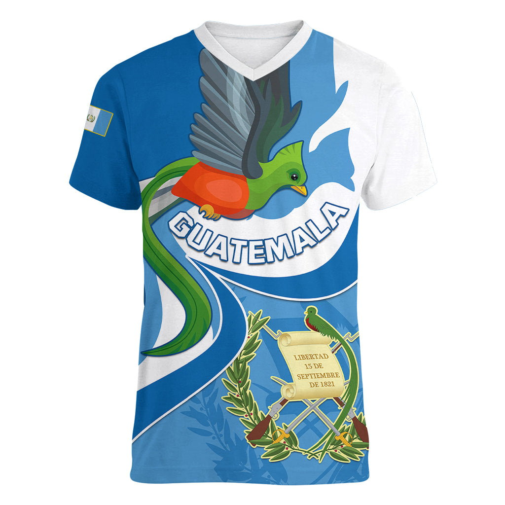 Personalised Guatemala Women V Neck T Shirt Guatemalan Quetzal With Coat of Arms - Wonder Print Shop