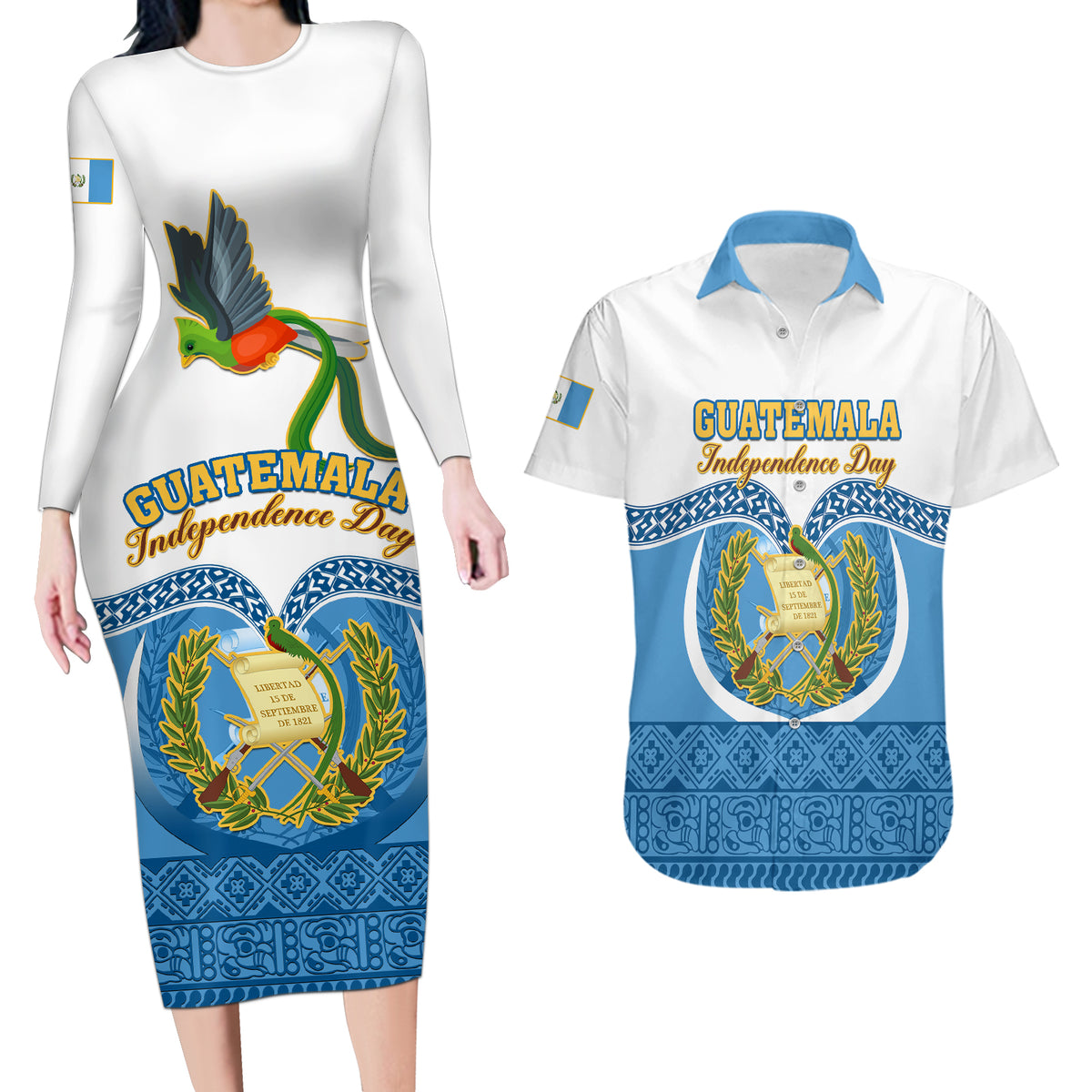 Guatemala Independence Day Couples Matching Long Sleeve Bodycon Dress and Hawaiian Shirt Guatemalan Coat of Arms Mix Maya Pattern - Wonder Print Shop
