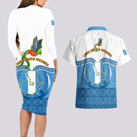 Guatemala Independence Day Couples Matching Long Sleeve Bodycon Dress and Hawaiian Shirt Guatemalan Coat of Arms Mix Maya Pattern - Wonder Print Shop