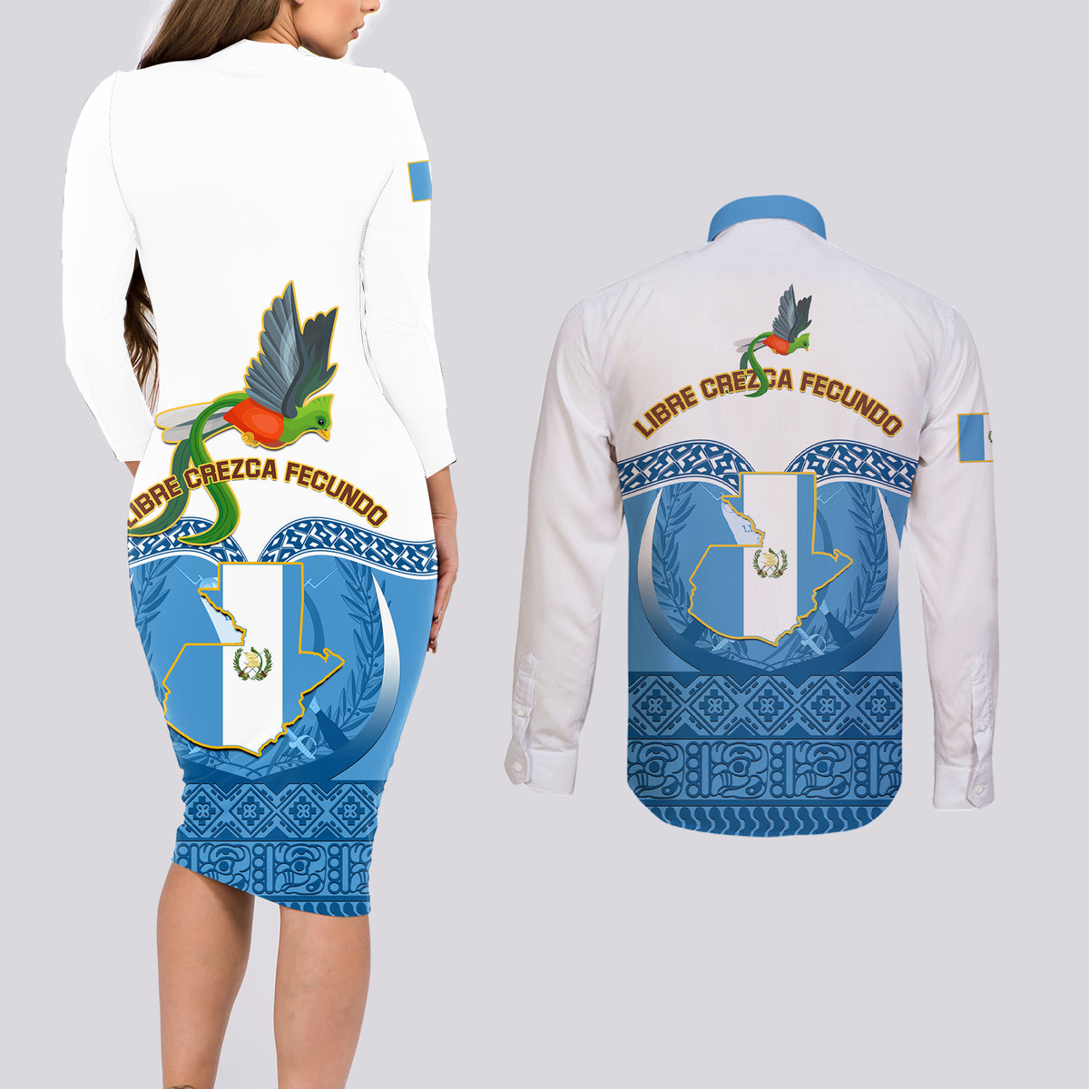 Guatemala Independence Day Couples Matching Long Sleeve Bodycon Dress and Long Sleeve Button Shirts Guatemalan Coat of Arms Mix Maya Pattern - Wonder Print Shop