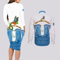 Guatemala Independence Day Couples Matching Long Sleeve Bodycon Dress and Long Sleeve Button Shirts Guatemalan Coat of Arms Mix Maya Pattern - Wonder Print Shop