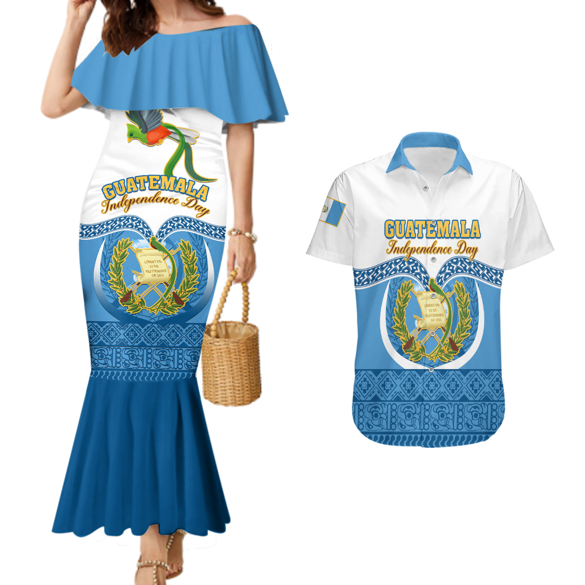 Guatemala Independence Day Couples Matching Mermaid Dress and Hawaiian Shirt Guatemalan Coat of Arms Mix Maya Pattern - Wonder Print Shop