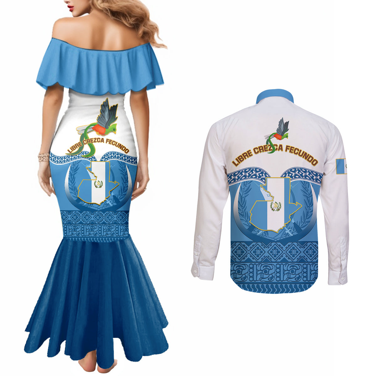 guatemala-independence-day-couples-matching-mermaid-dress-and-long-sleeve-button-shirts-guatemalan-coat-of-arms-mix-maya-pattern