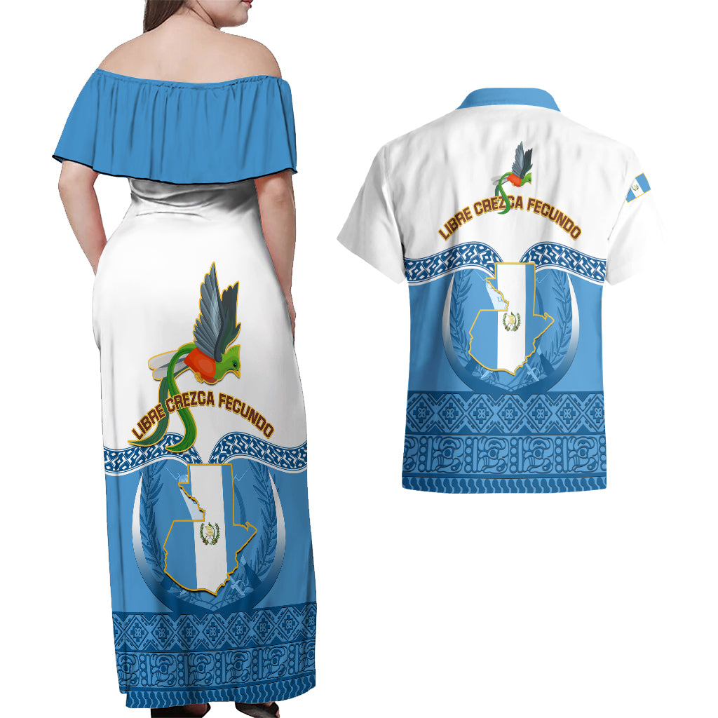 Guatemala Independence Day Couples Matching Off Shoulder Maxi Dress and Hawaiian Shirt Guatemalan Coat of Arms Mix Maya Pattern - Wonder Print Shop
