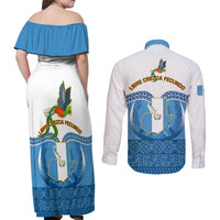 Guatemala Independence Day Couples Matching Off Shoulder Maxi Dress and Long Sleeve Button Shirts Guatemalan Coat of Arms Mix Maya Pattern - Wonder Print Shop