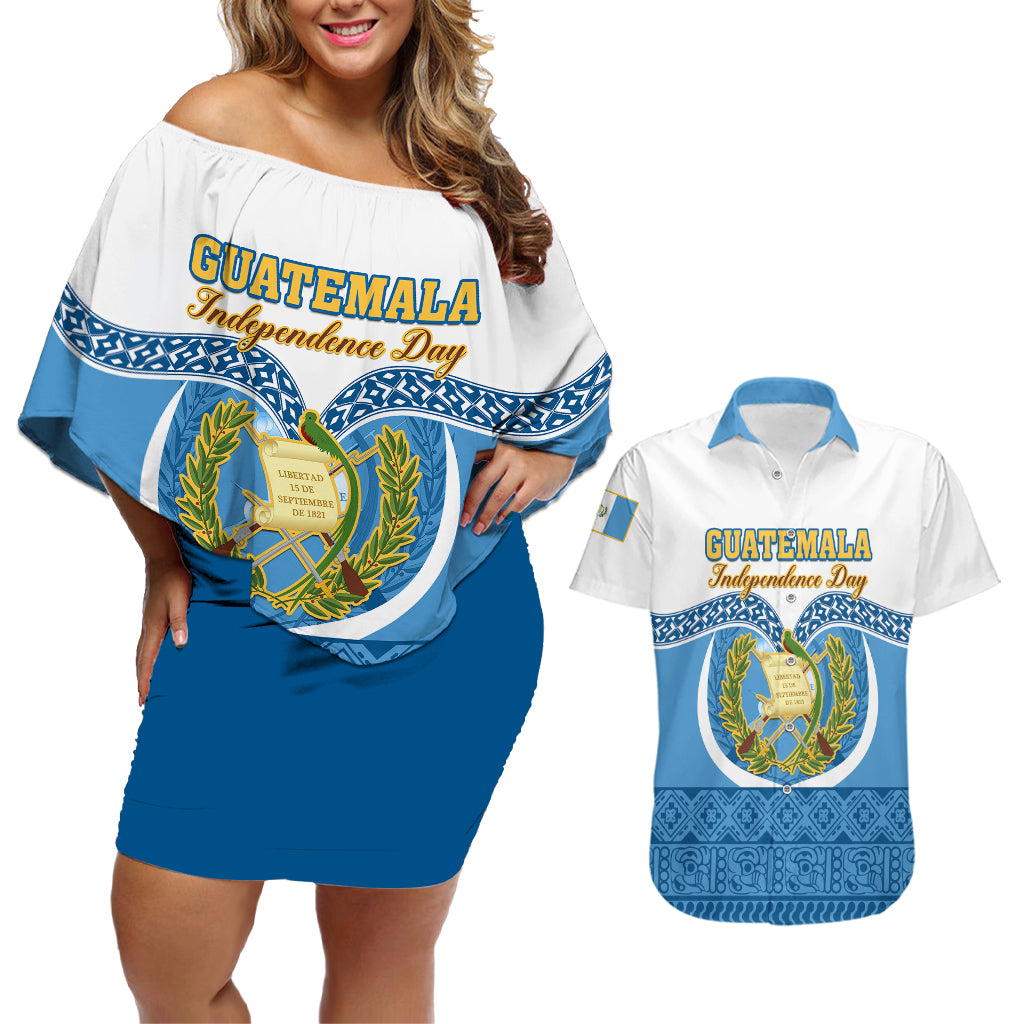 Guatemala Independence Day Couples Matching Off Shoulder Short Dress and Hawaiian Shirt Guatemalan Coat of Arms Mix Maya Pattern - Wonder Print Shop